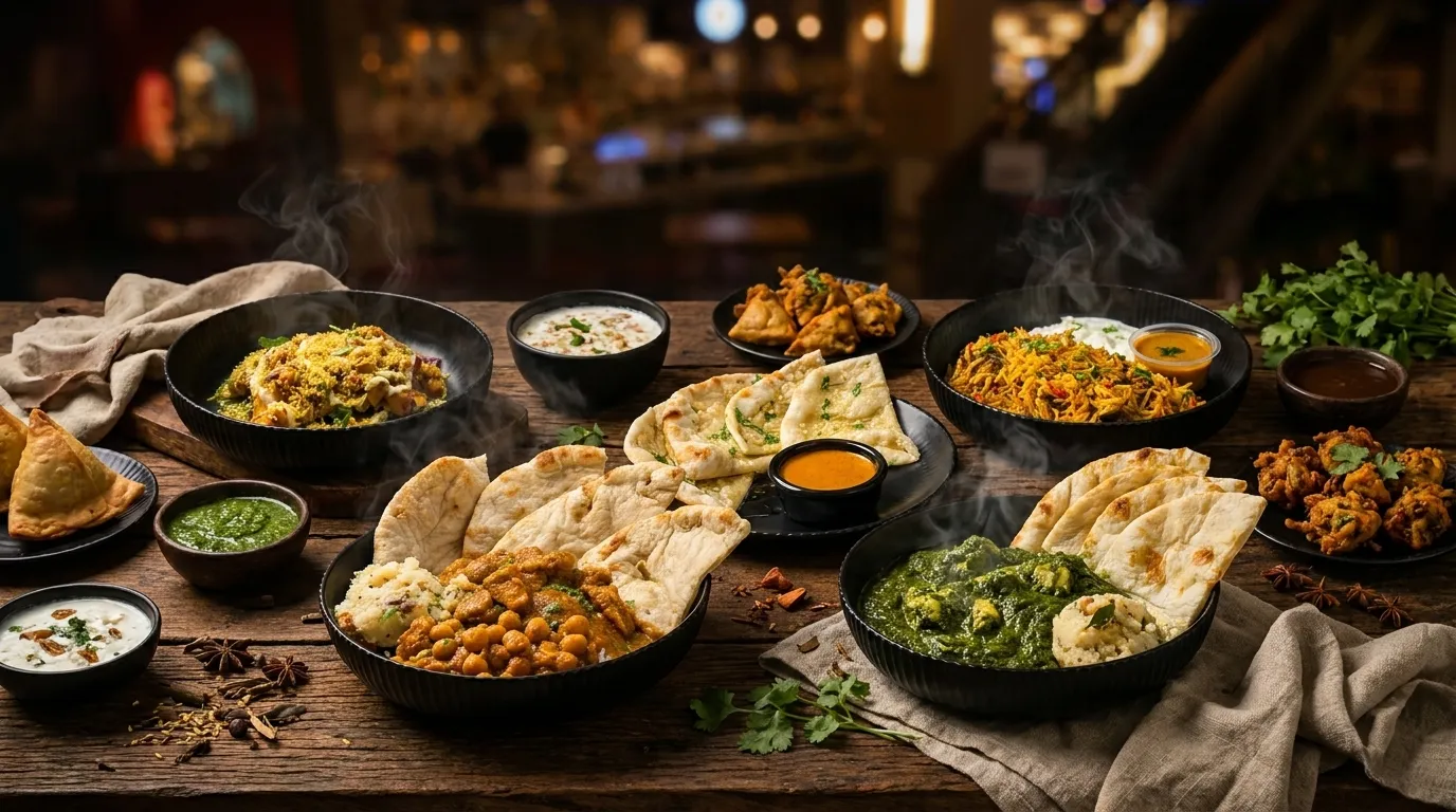 A vibrant variety of authentic Indian dishes including curries, naan, biryani, and appetizers.