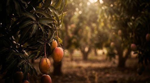 Sun-drenched mango grove