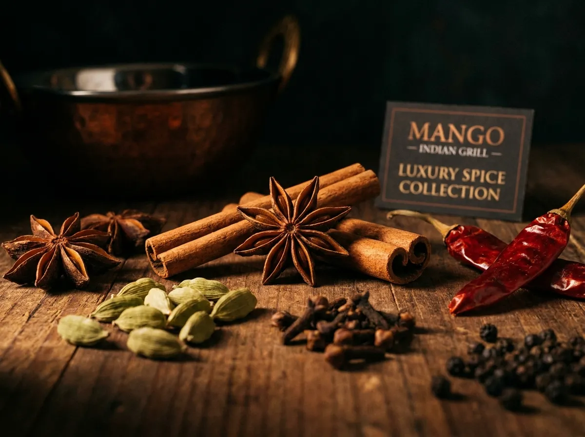 High-fidelity, professional food photography of a vibrant collection of whole Indian spices.