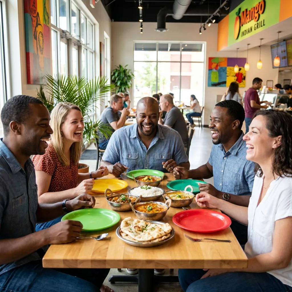 High-fidelity, professional lifestyle photography of a diverse group of American friends and family enjoying Indian food at Mango Indian Grill.