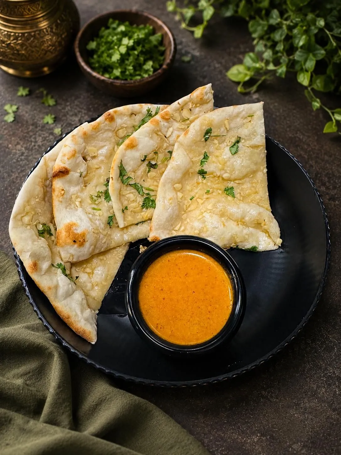 Garlic Naan with tikka dip