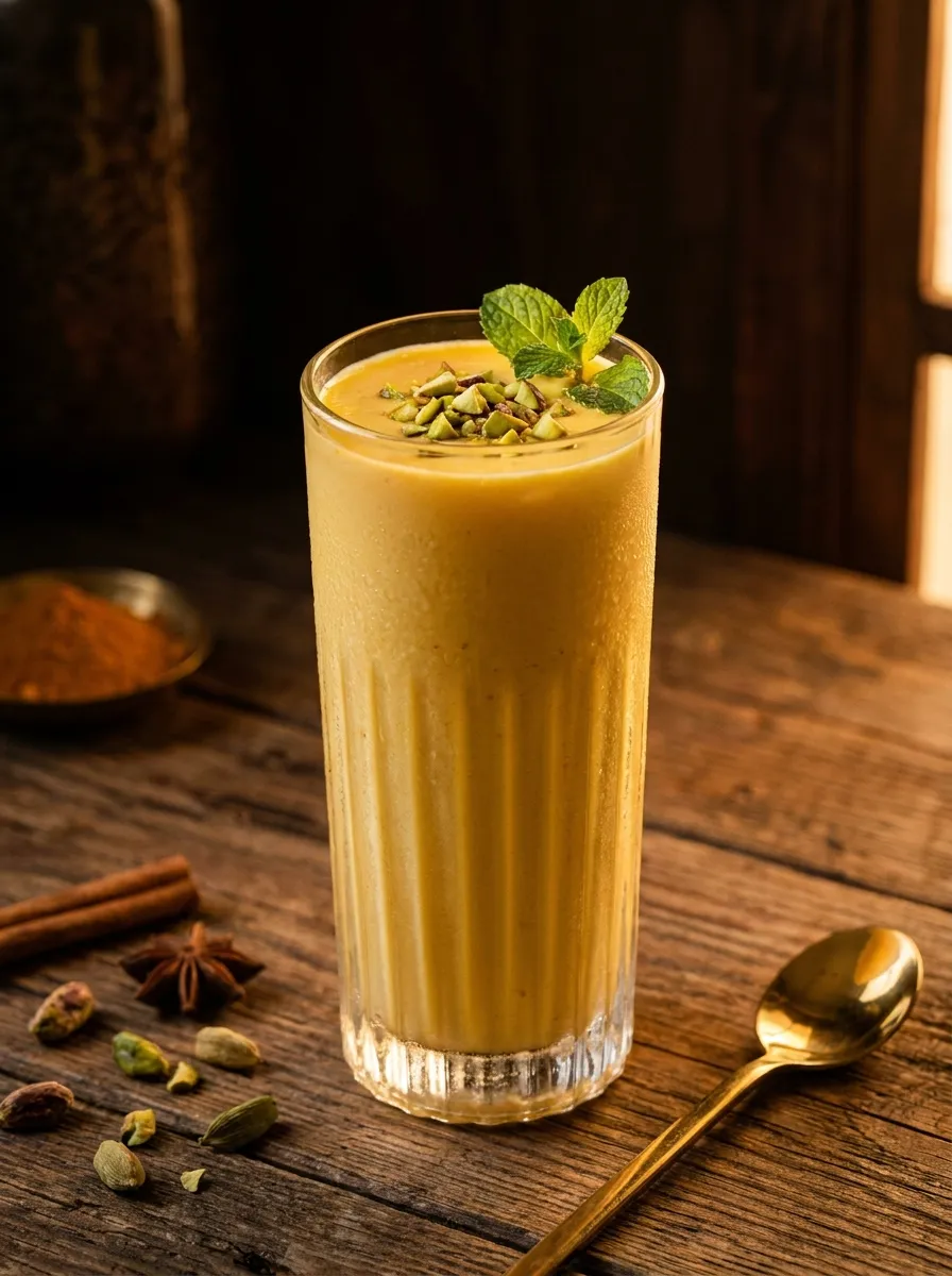 Vibrant Mango Lassi with pistachios and saffron